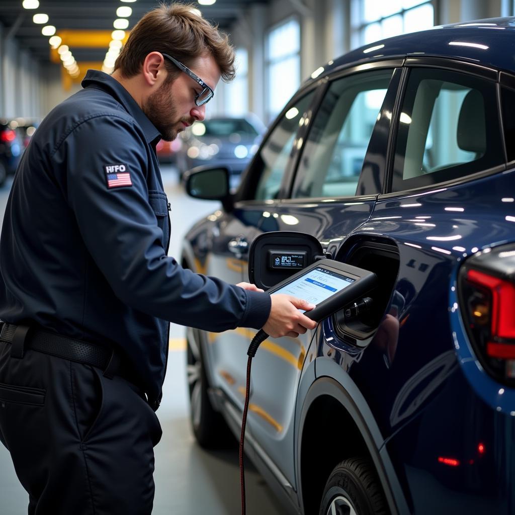 EV Technician Performing Diagnostic Check