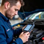 Experienced Car Mechanic Diagnosing Vehicle