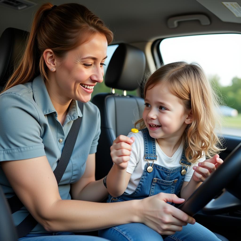 An experienced car service driver interacting positively with a child passenger.