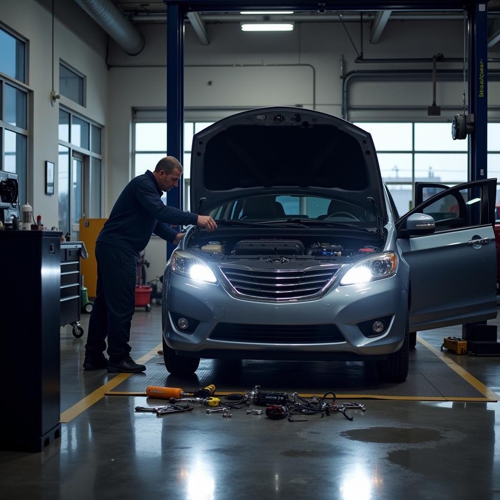 Car in Service Bay for Bulb Replacement