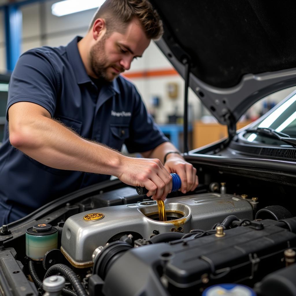 A mechanic performing an oil change on a car in a Fairfax, VA service center.