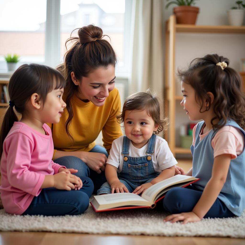 Family day care provider interacting with children