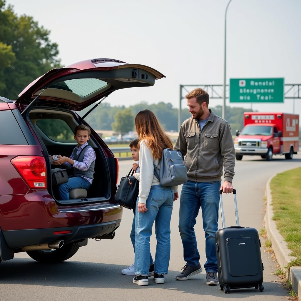 Family Using Car Rental Service During Emergency Evacuation