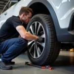 Car Mechanic Rotating Tires During First Service