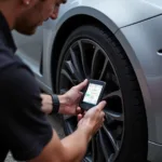 Fisker Owner Performing a Routine Tire Pressure Check