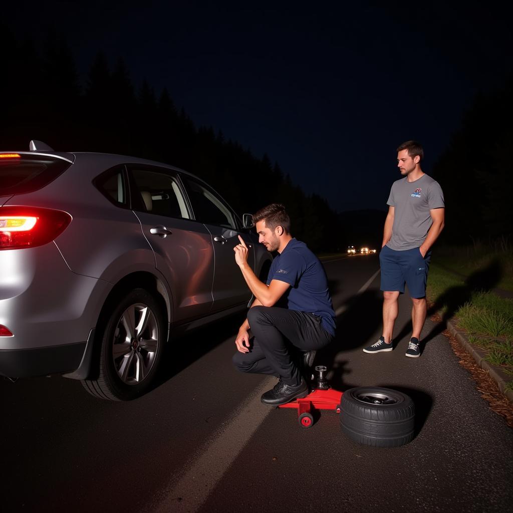 Changing a flat tire with roadside assistance