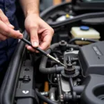 Checking fluid levels during a car service