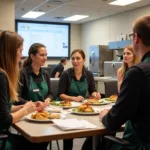 Food service team having a meeting in the kitchen.