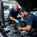 Expert Technicians Working on a Foreign Car Engine