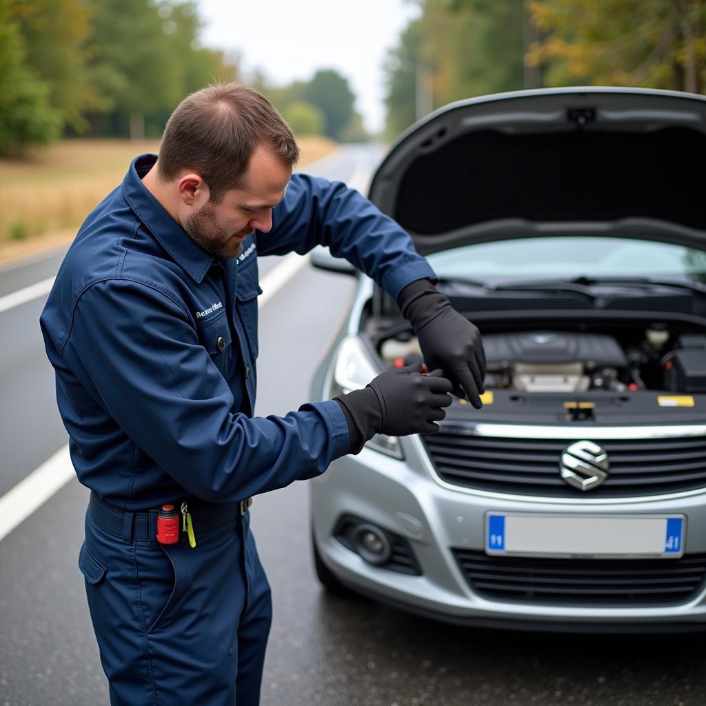 Mechanic Inspecting a Vehicle During a Roadside Assistance Call in France