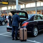 A French car service driver assisting a passenger with luggage.