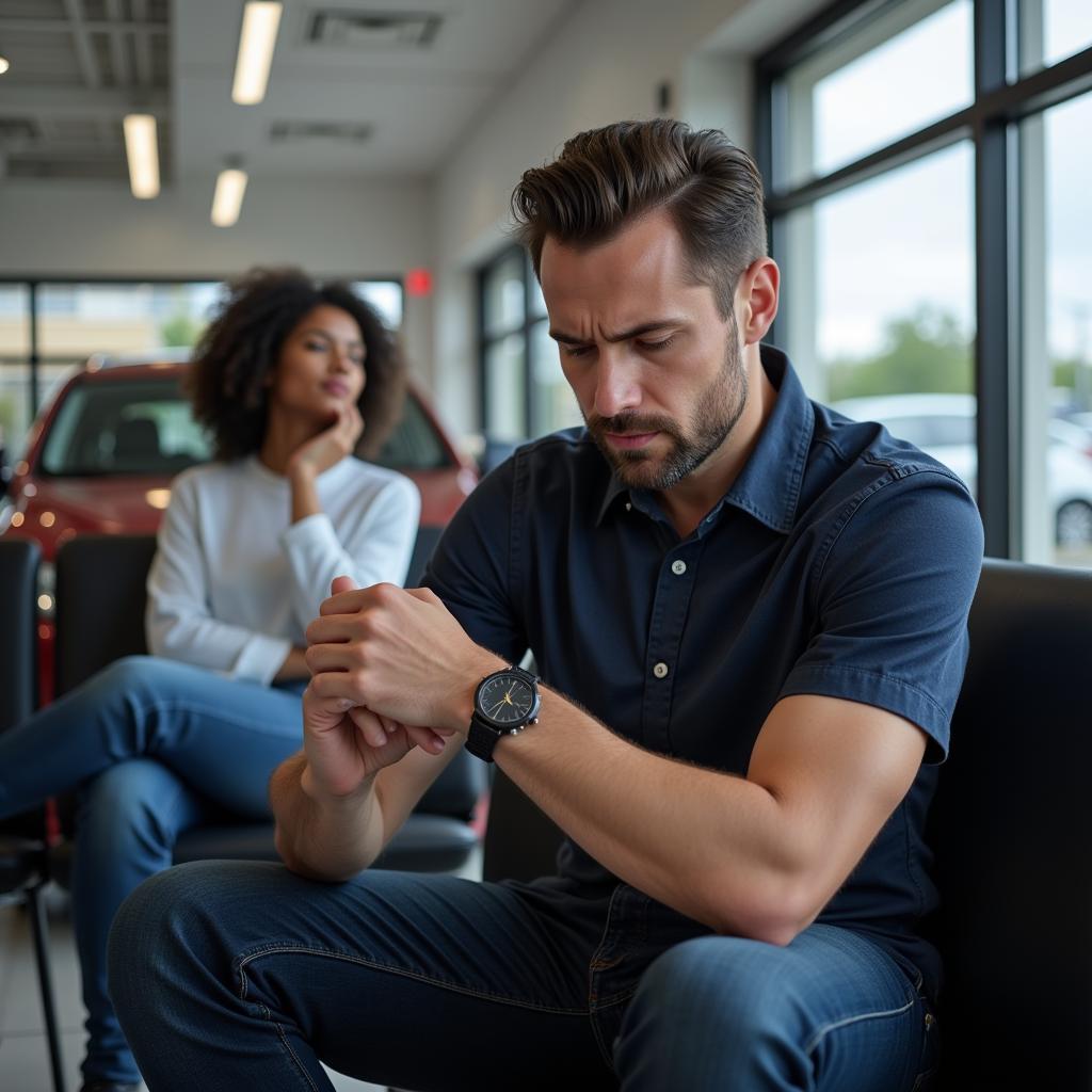 Frustrated Customer Waiting for Car Service at Dealership