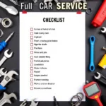 Full car service checklist including oil change, fluid top-ups, brake inspection, suspension check, tire inspection, exhaust system check, battery test, and lights.