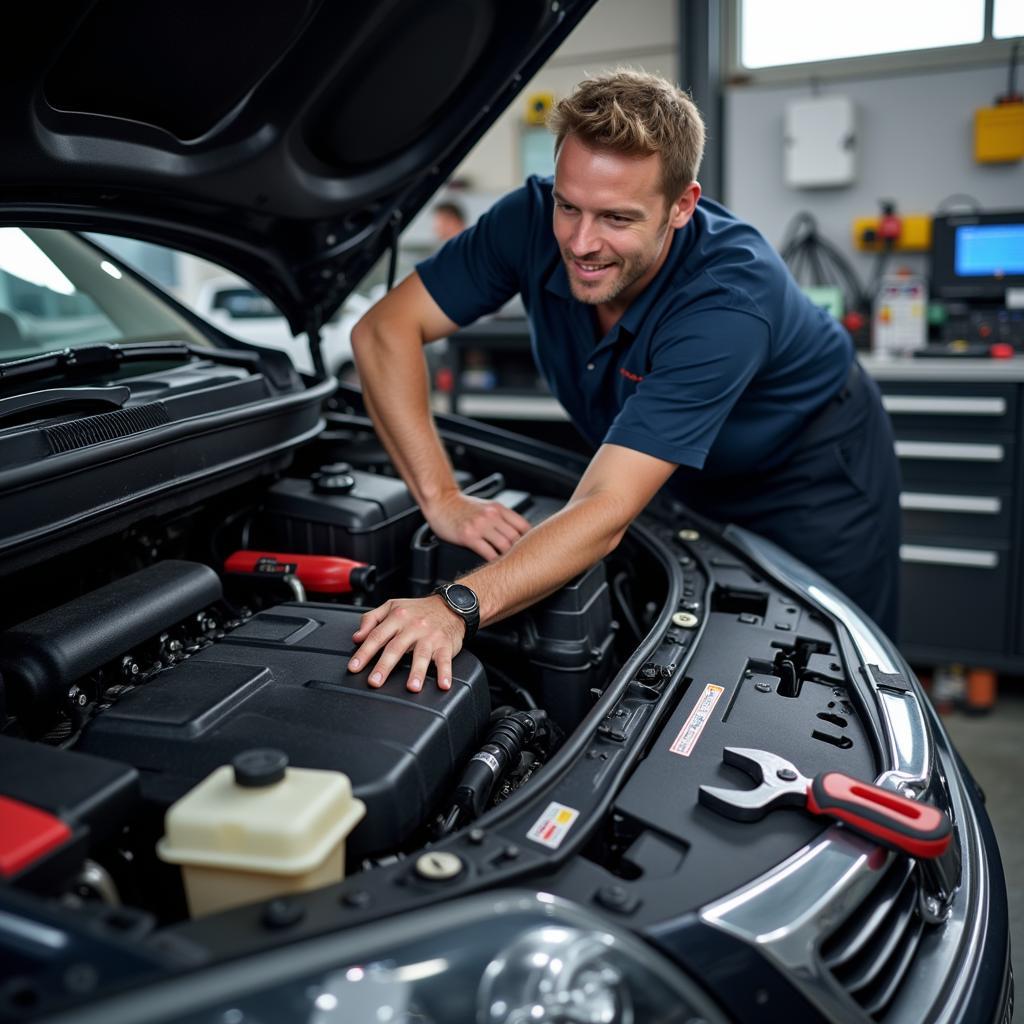 Mechanic performing a full car service including oil change and inspections.