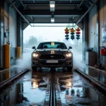 Car on Conveyor Belt Entering Full Service Car Wash