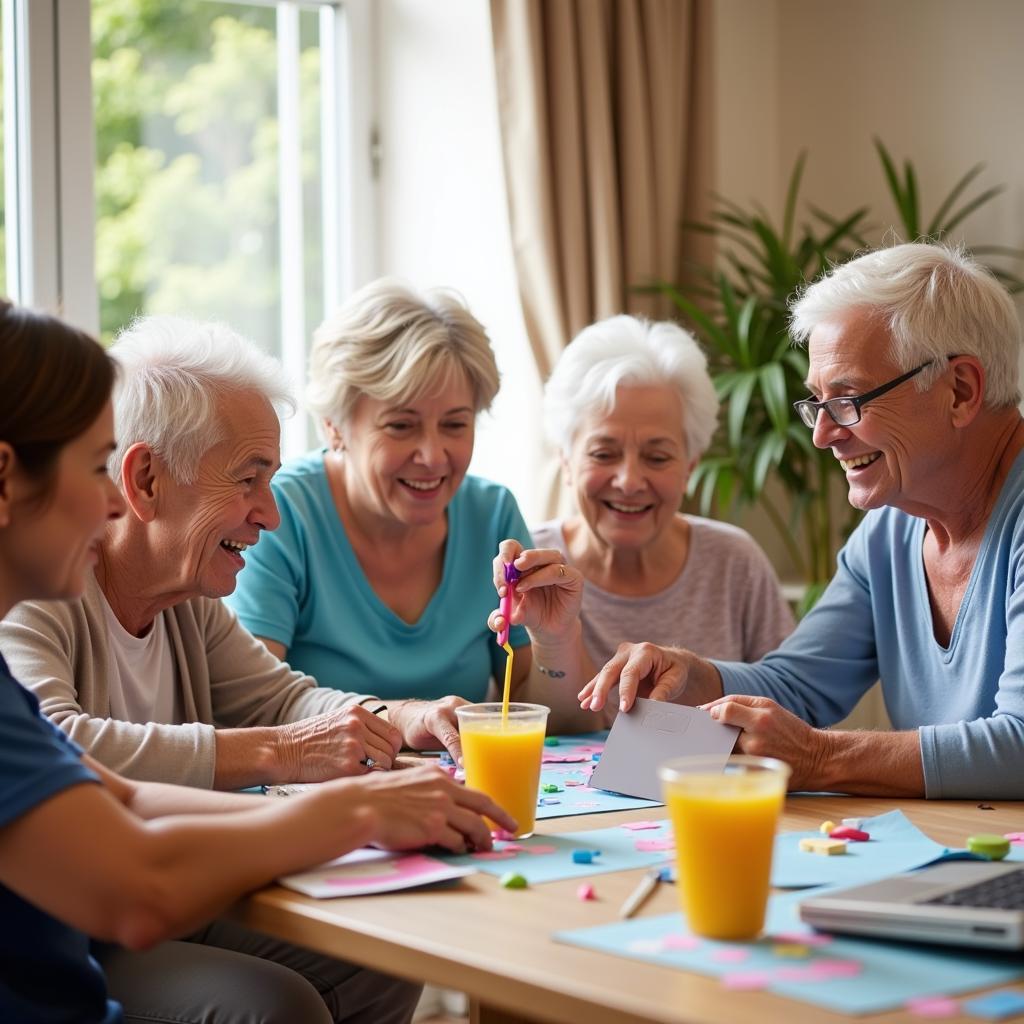 Group of seniors enjoying activities in aged care facility