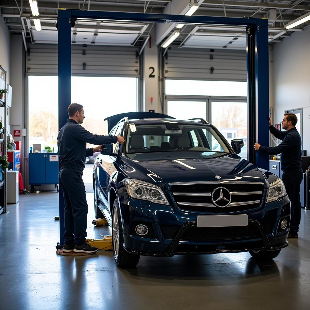 Car being serviced in a Halfords service bay