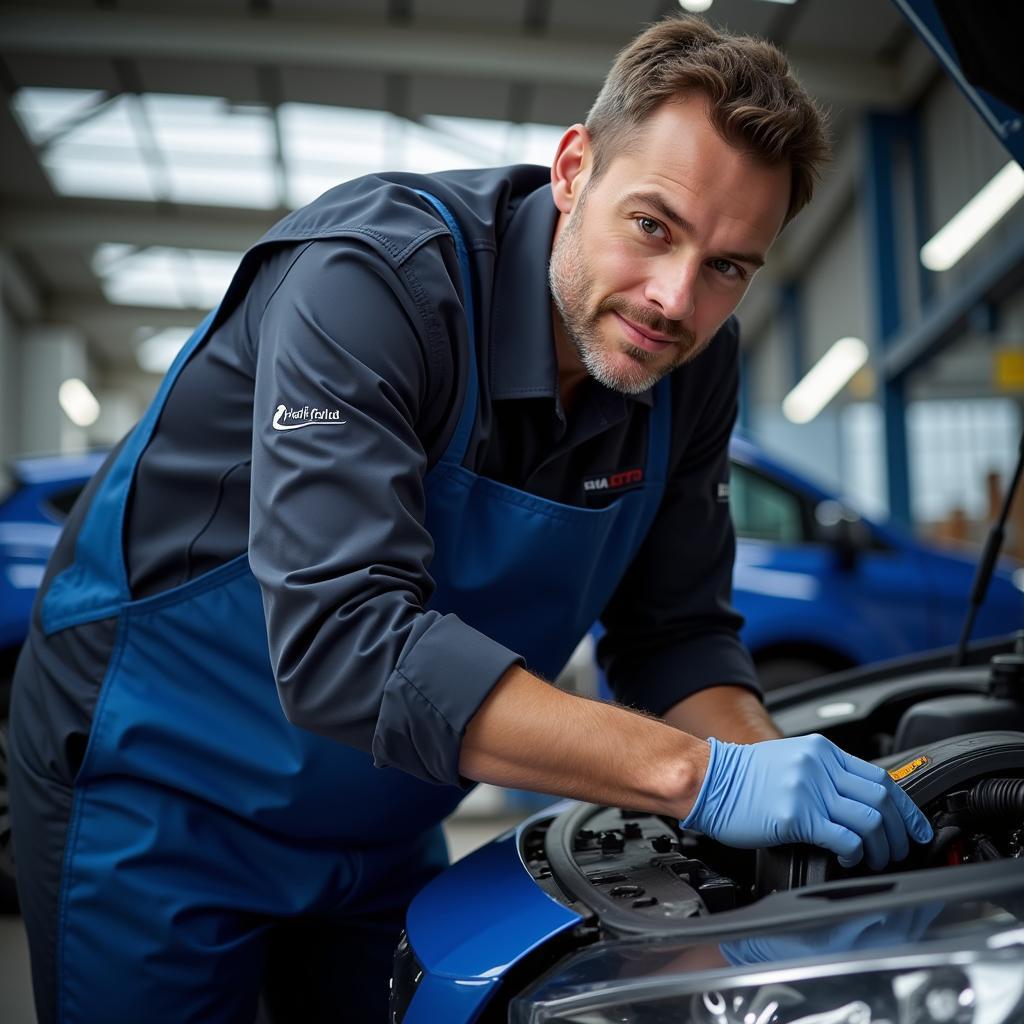 Qualified Halfords Technician Performing Car Service