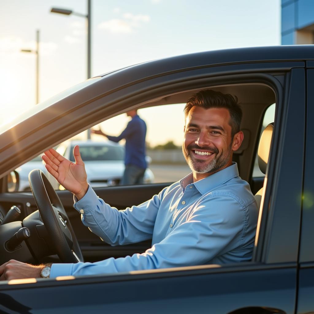 Happy customer driving their new car off the dealership lot