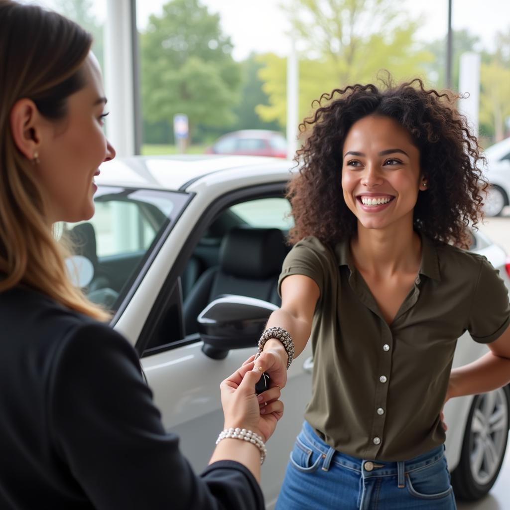 Happy Customer Receiving Car Keys from Car Buying Service