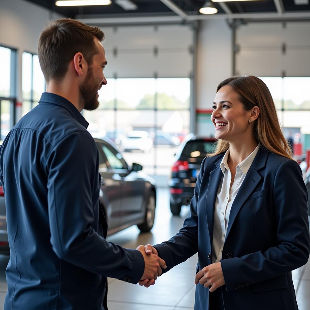 A happy customer receiving car service