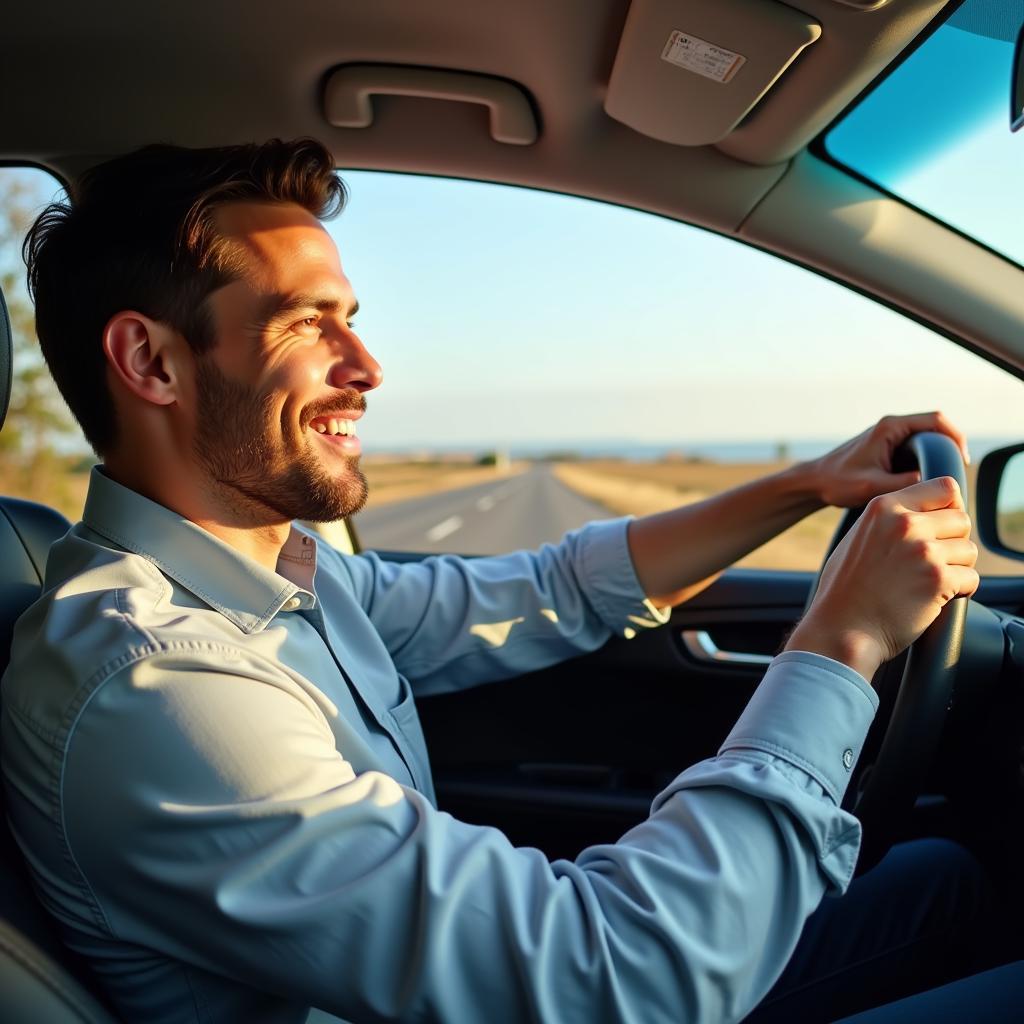 Happy Driver with Leased Car: A man smiling while driving his leased car, enjoying the peace of mind that comes with included servicing.