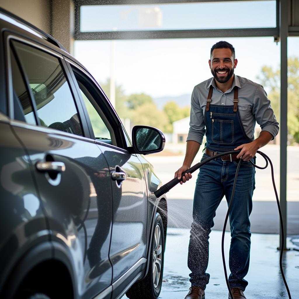 A driver happily washing their car at a self-service car wash