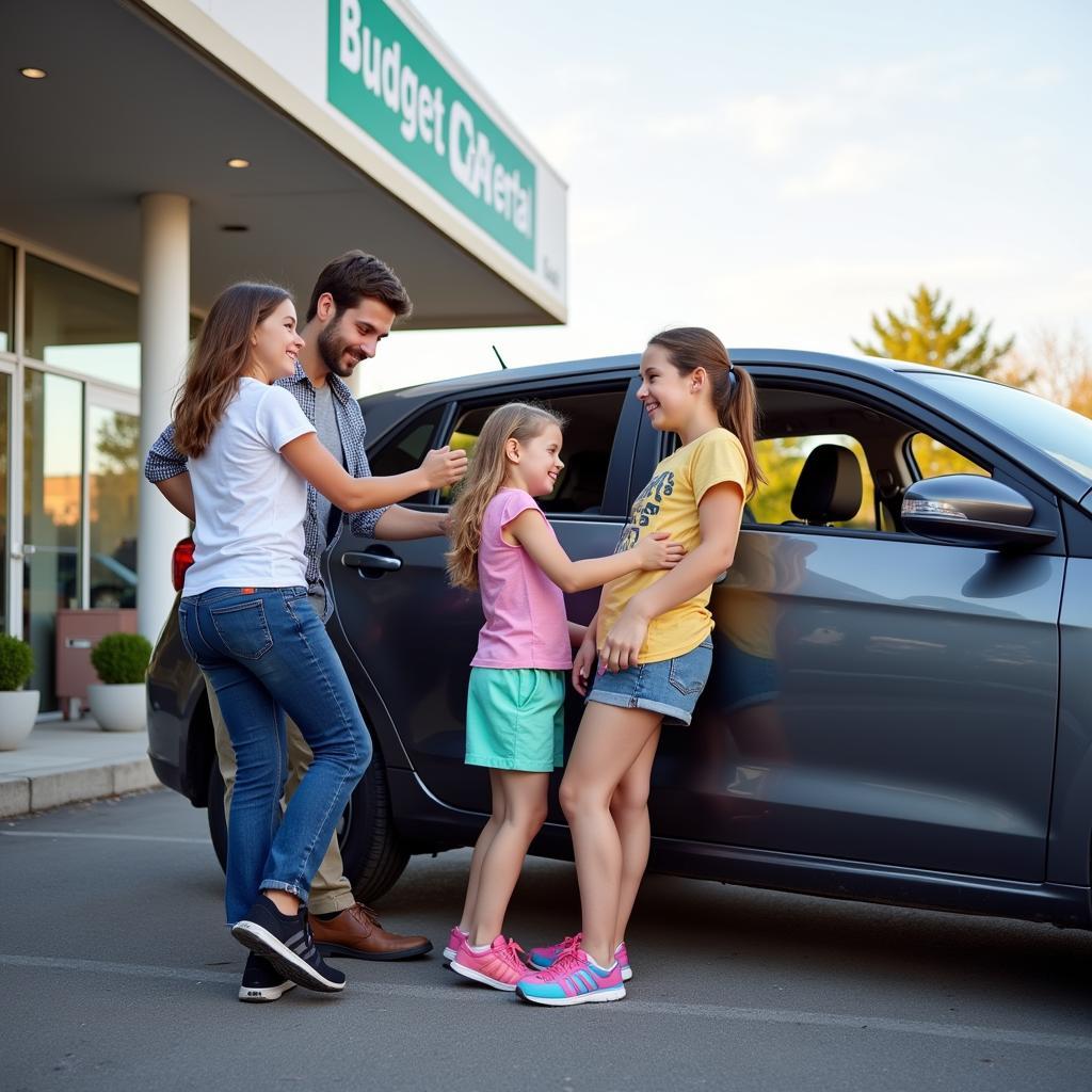 A family smiling as they pick up their budget rental car for a road trip.