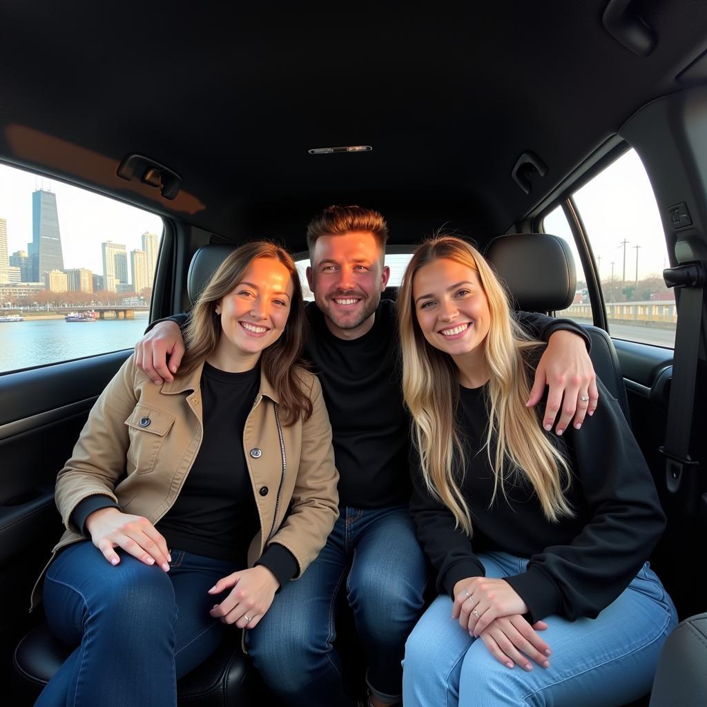 Happy Passengers in a Chicago Car Service: Passengers enjoying a comfortable ride in a private car.