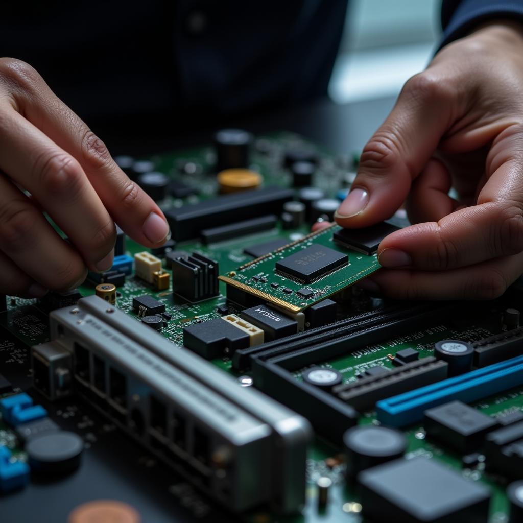 A hardware technician carefully installing RAM modules into a computer motherboard.