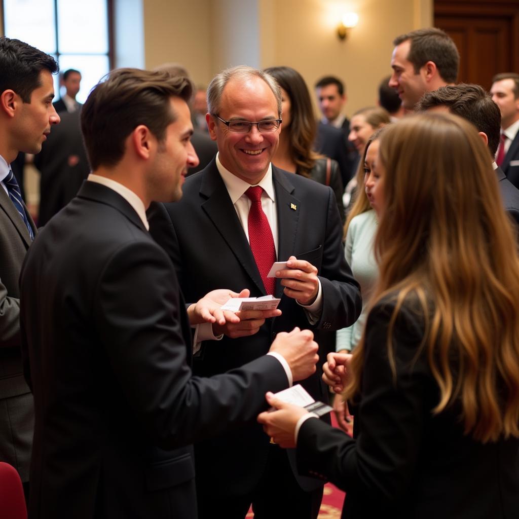 Harvard alumni networking at a career event.