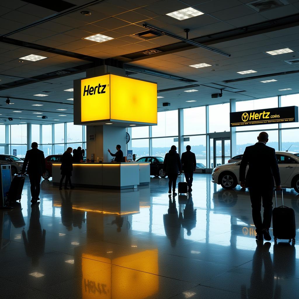 Hertz Airport Location: An image depicting a Hertz rental counter at a bustling airport, showcasing their presence in key travel hubs and the ease of access for travelers.