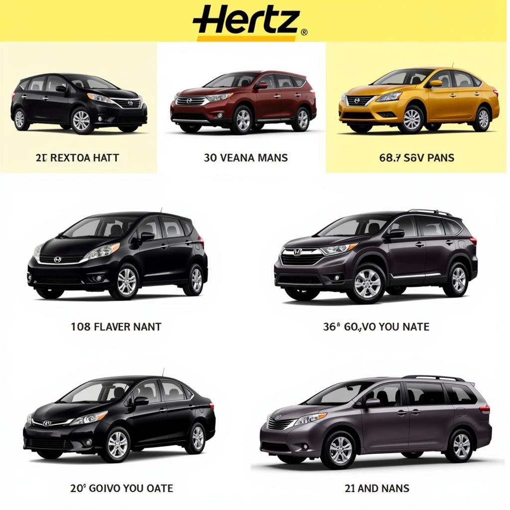 Diverse Hertz Car Selection: A collage showcasing the variety of vehicles available for rent at Hertz, from compact cars to SUVs and luxury models.