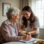 Elderly woman receiving home care assistance