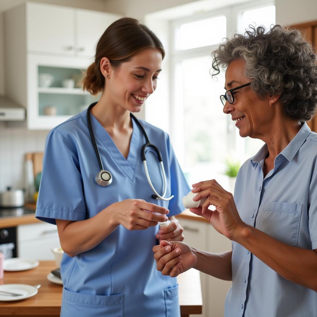 Home health aide assisting senior with medication