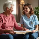 Home health aide providing companionship to a senior