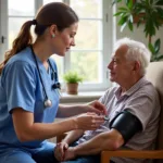 Home health care nurse visiting elderly patient