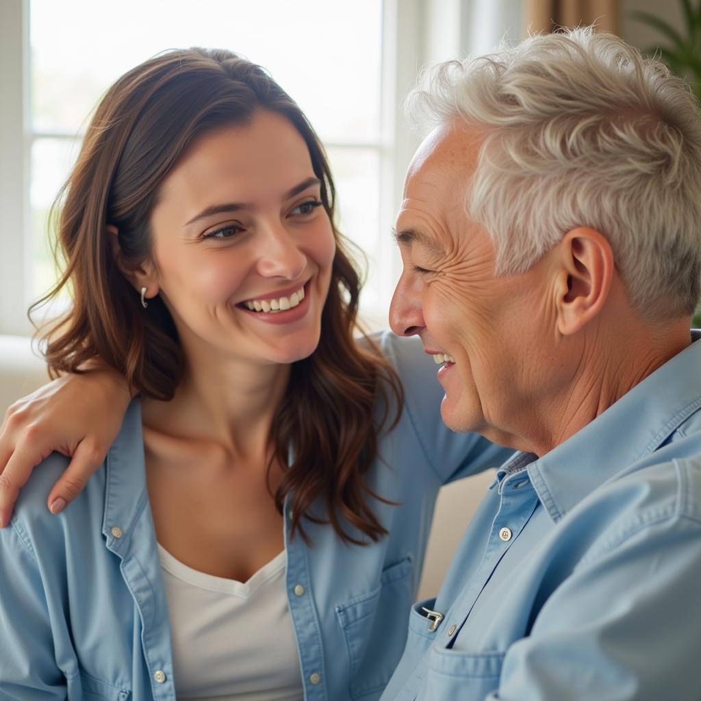 Senior and caregiver smiling