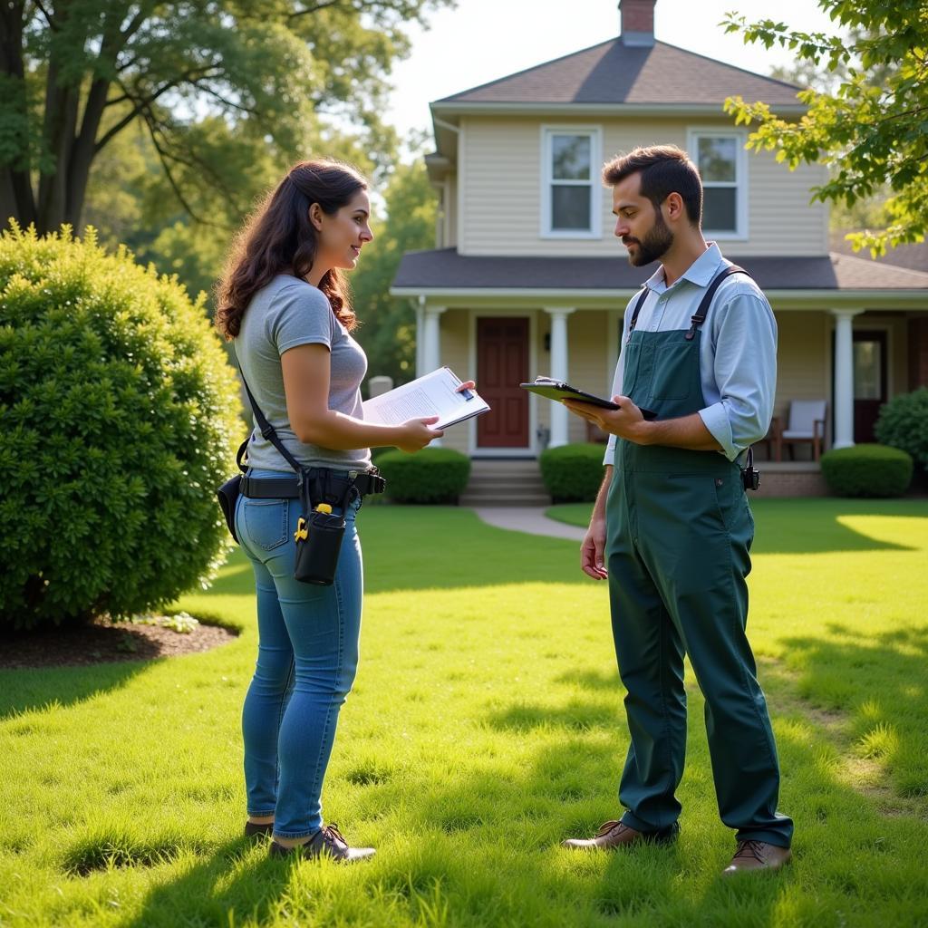 Homeowner Discussing Lawn Care with Technician