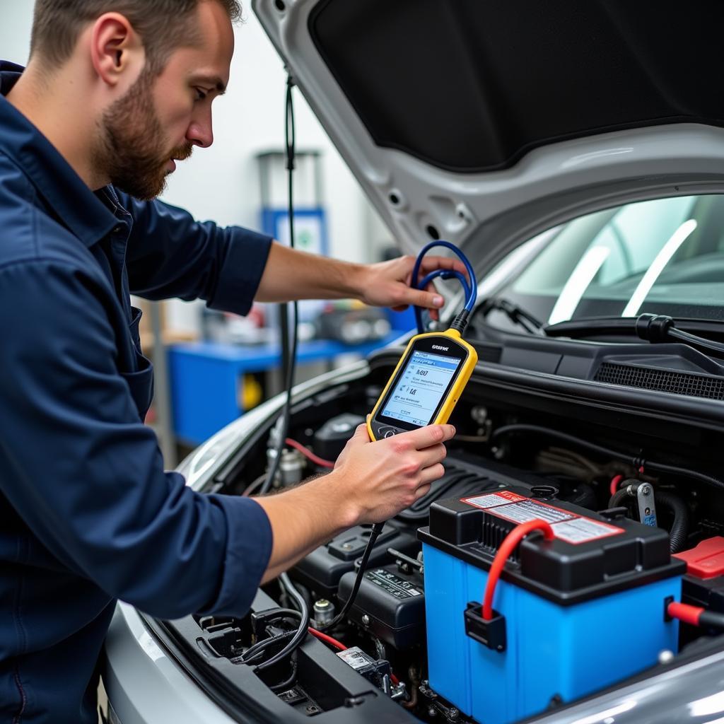 Technician inspecting the hybrid battery pack