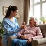 Elderly woman receiving in-home care assistance