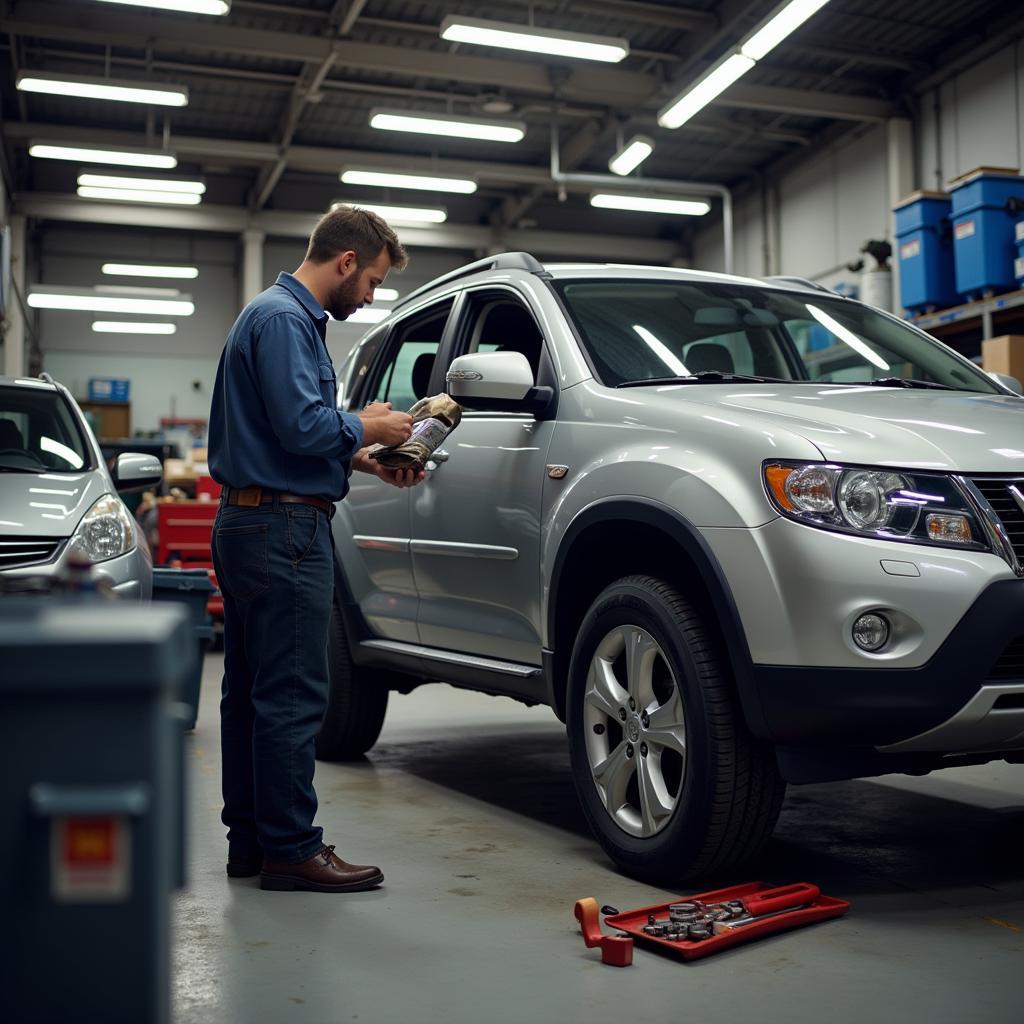 Independent Car Repair Shop with Mechanic Working on a Vehicle