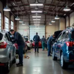 Busy independent mechanic shop with a variety of cars being serviced