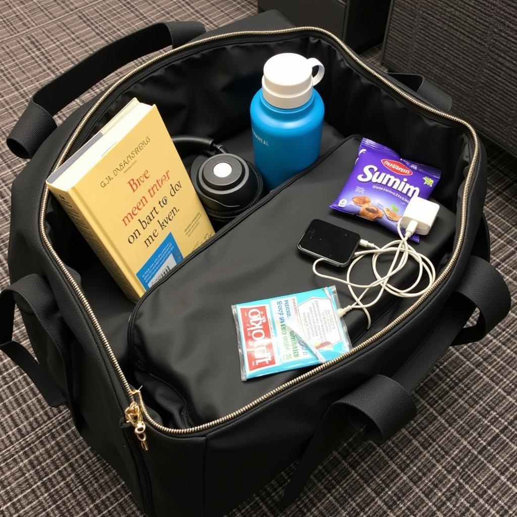 Items for a comfortable wait during your car service appointment: a book, headphones, snacks, a water bottle, and a phone charger.