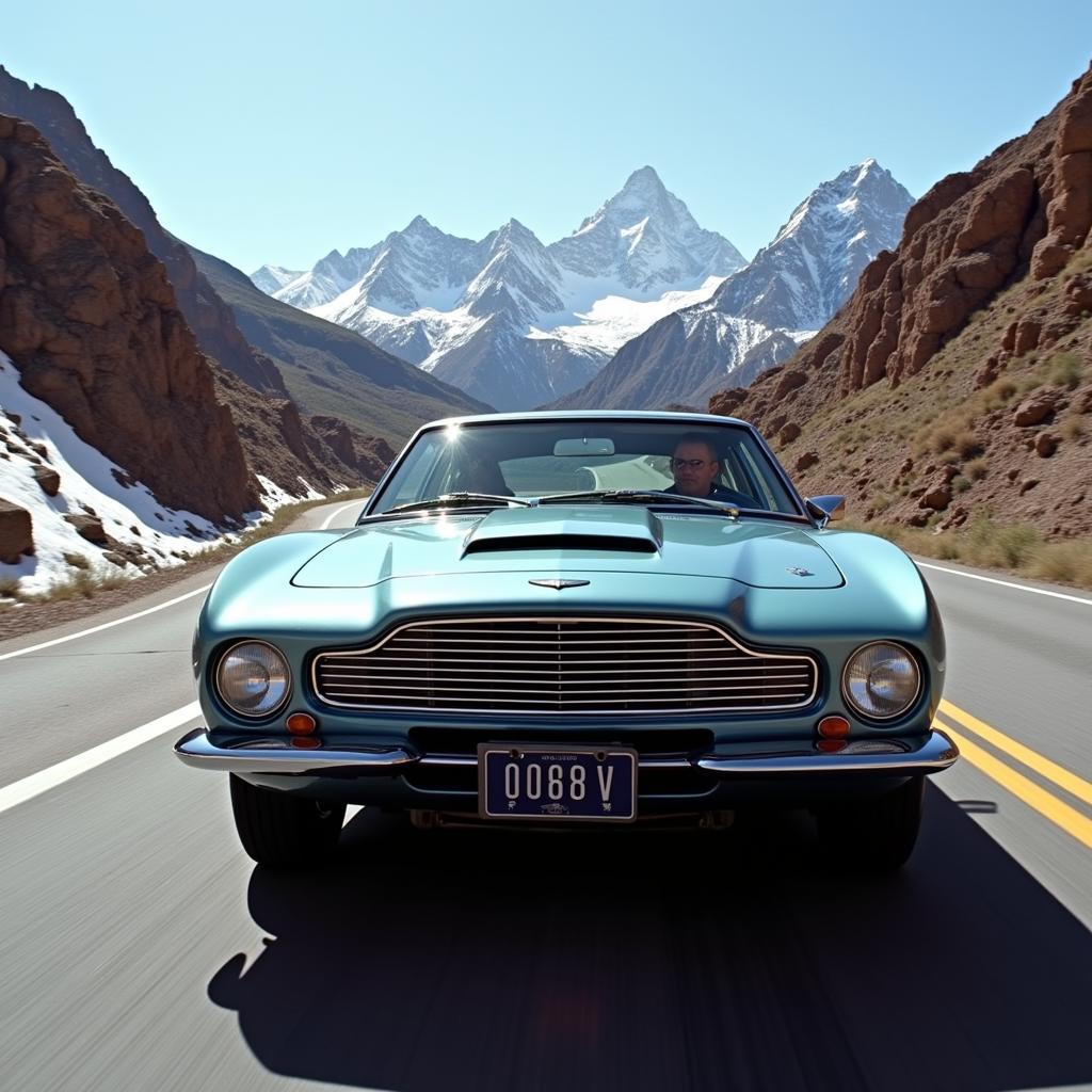 James Bond driving the Aston Martin DBS on a mountain road