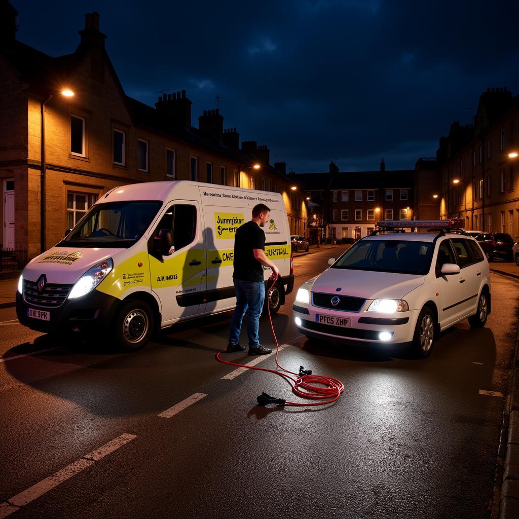 Jumpstarting a Car Battery in Edinburgh at Night