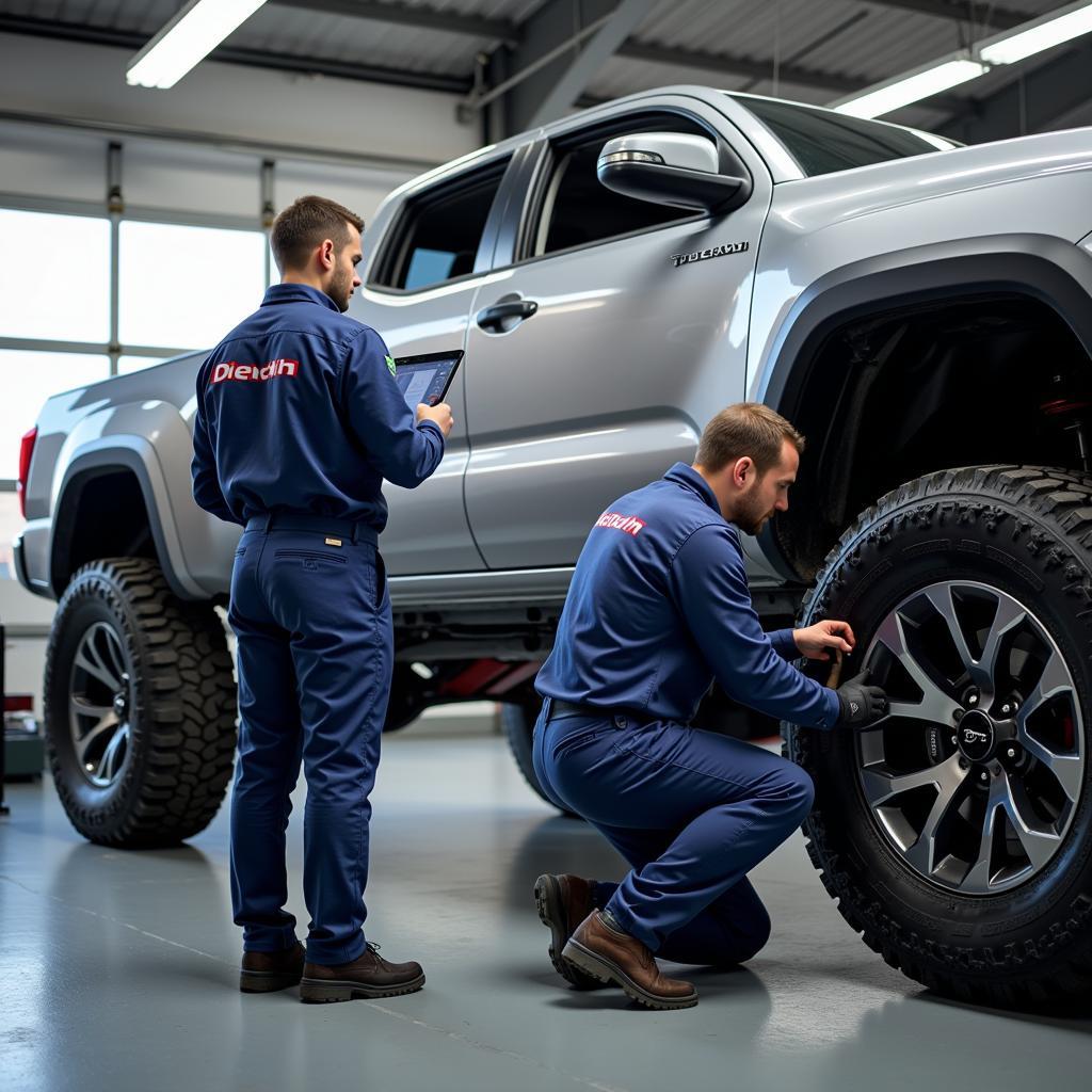 Expert Technicians Working on a Kia Tacoma