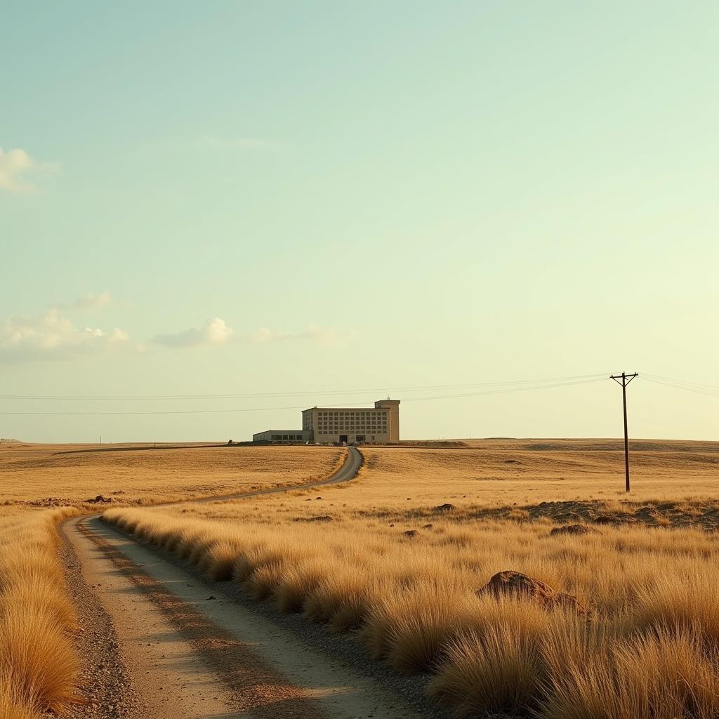 Lack of access to healthcare services in rural communities: A distant hospital seen across a vast, empty landscape.