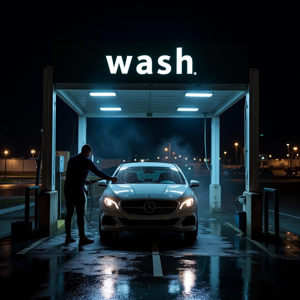 Washing Car at Night at Self-Service Station