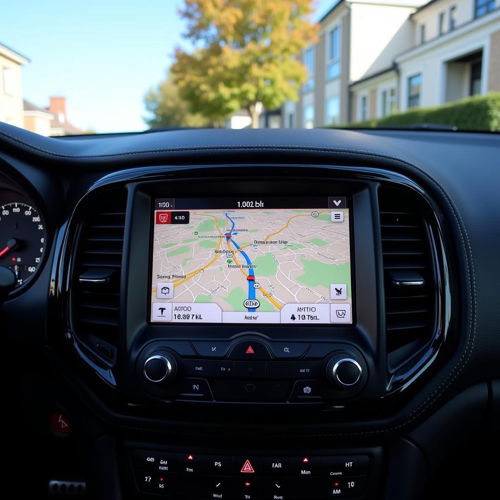 Navigating London Traffic with GPS: A car's dashboard showing a GPS map of London with highlighted routes and real-time traffic updates.